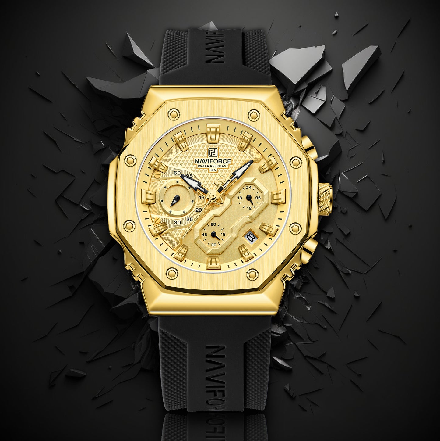NF8035G Gold Black silicone strap analog chronograph watch for mens-NAVIFORCE