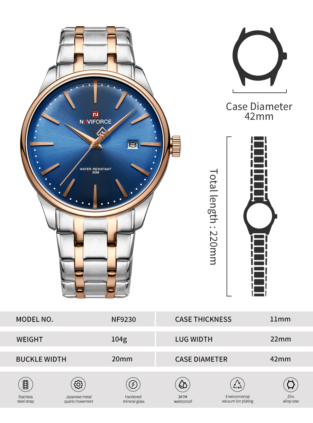 Naviforce NF9230 Silver Blue Gentle Elegant Calendar Analog Watch