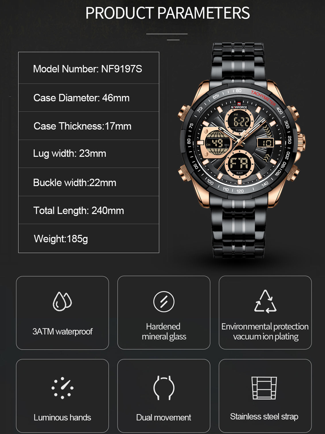 NF9197S Black Military Sport analog-digital watch for men - NAVIFORCE