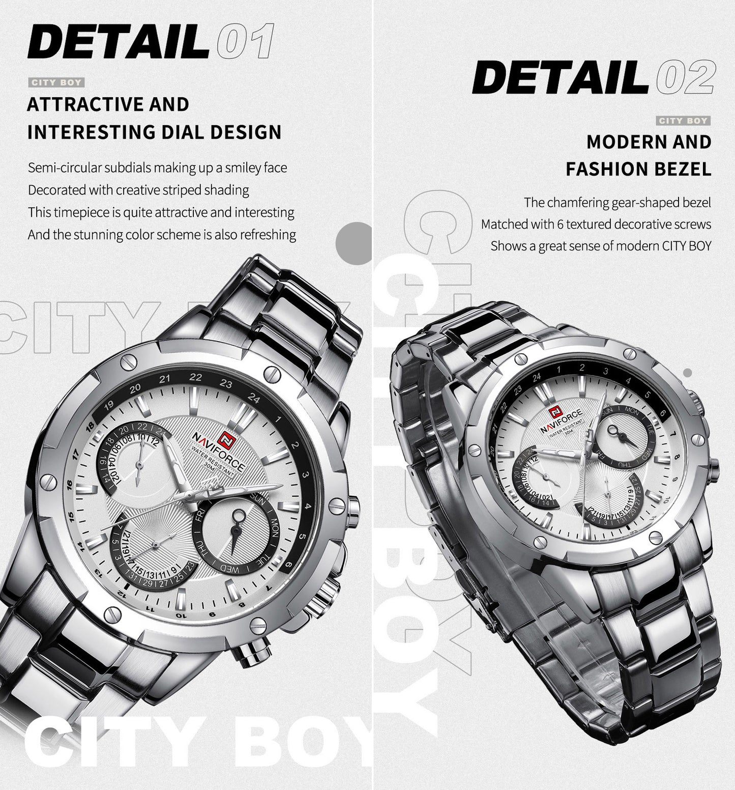 NF9196 Silver white Chronograph watch for men - Naviforce