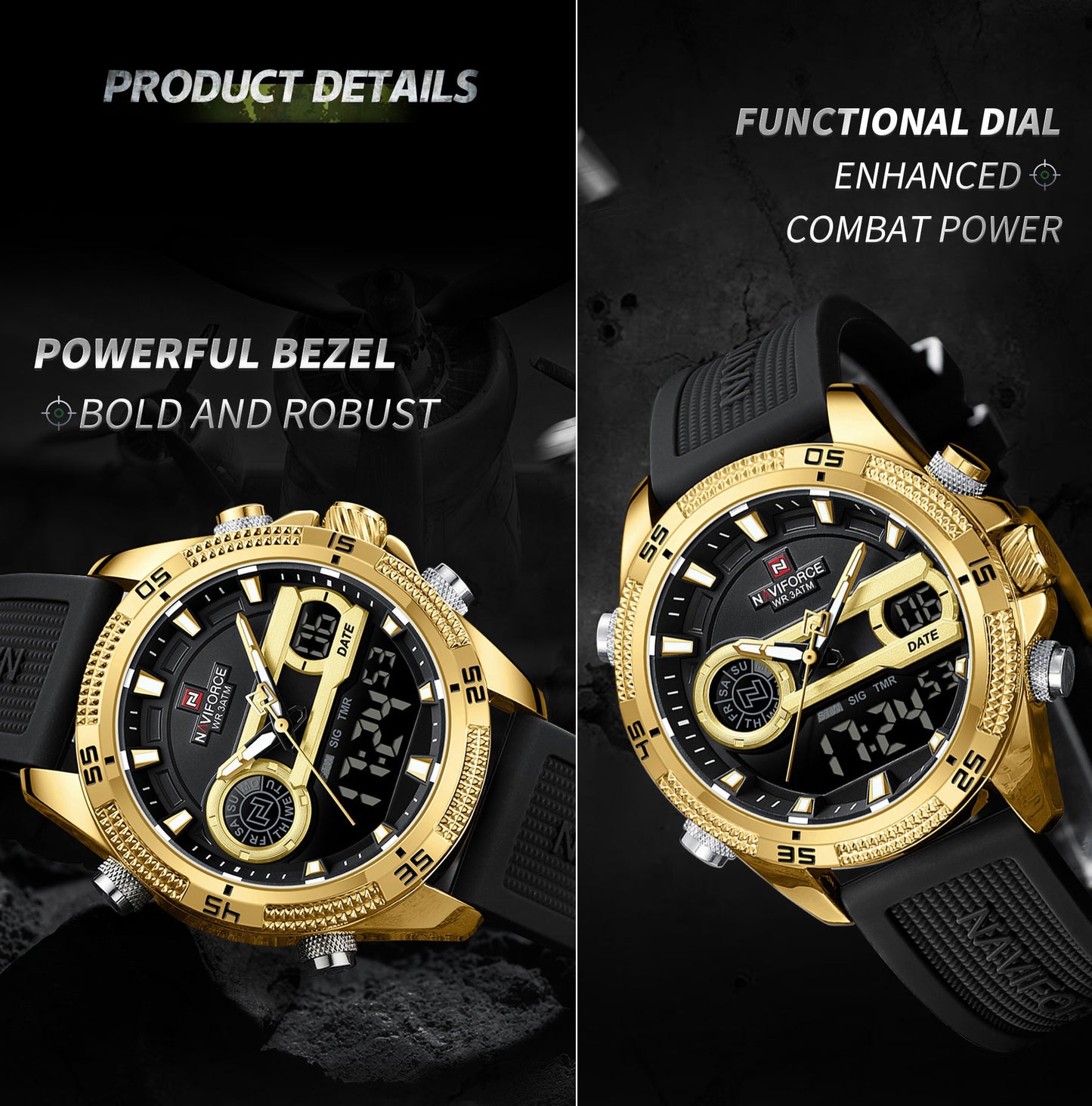 NF9223 Black-gold Silicone strap digi-analog mens watch - NAVIFORCE