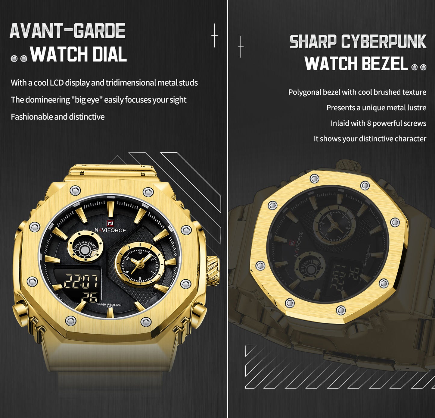 NF9216 Gold Black digital - analog chronograph watch for men's-NAVIFORCE