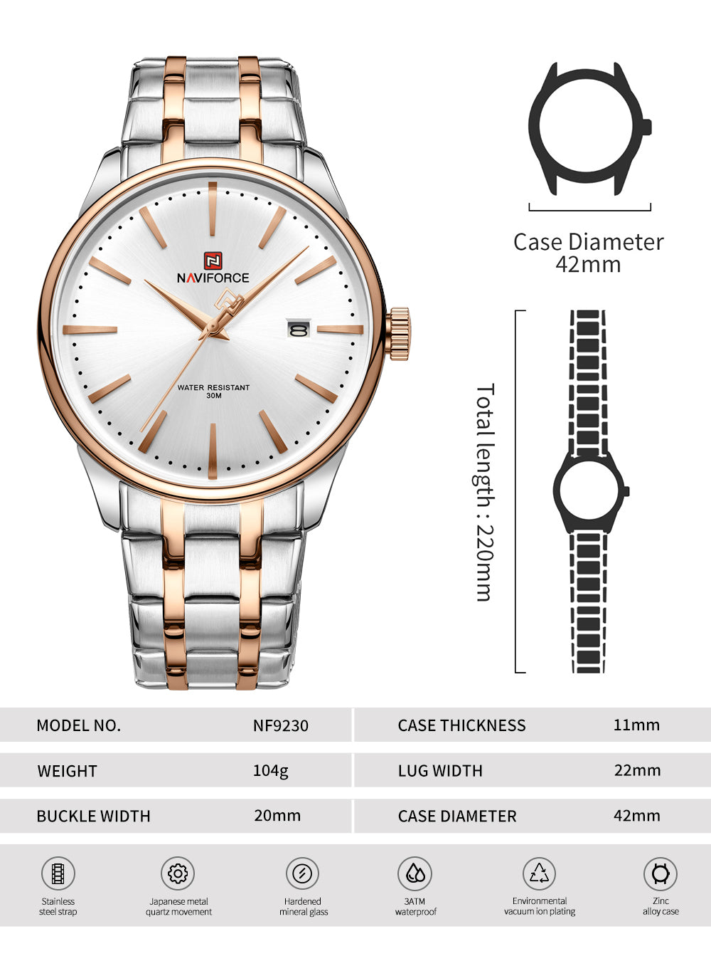 Naviforce NF9230 Silver White Gentle Elegant Calendar Analog Watch