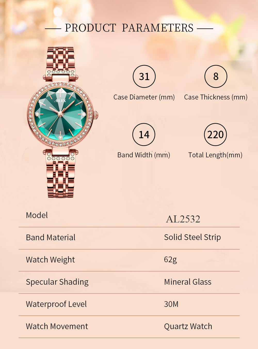 AL2532 Sparkling crystal green facet dial with rosegold strap Analog Watch