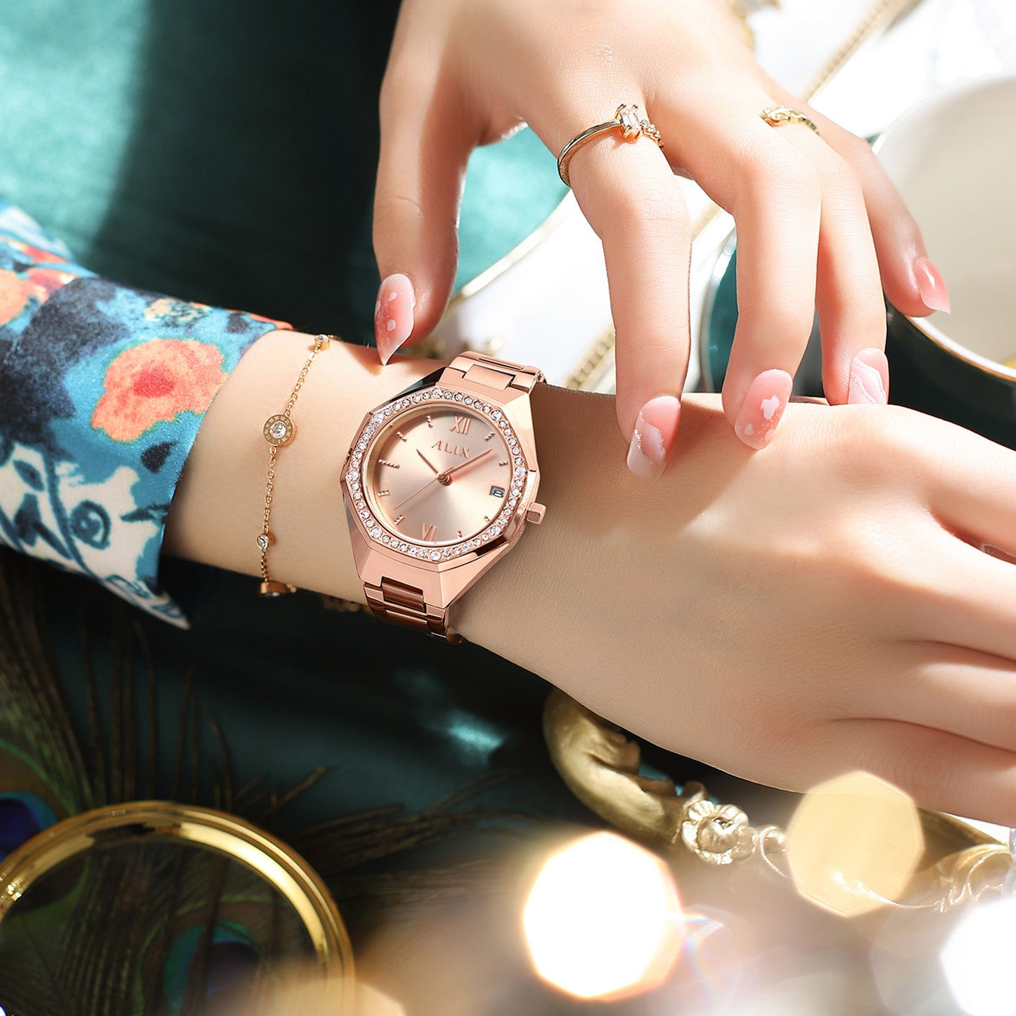 AL2531 Rosegold Octagonal case with diamond studded dial Analog Watch
