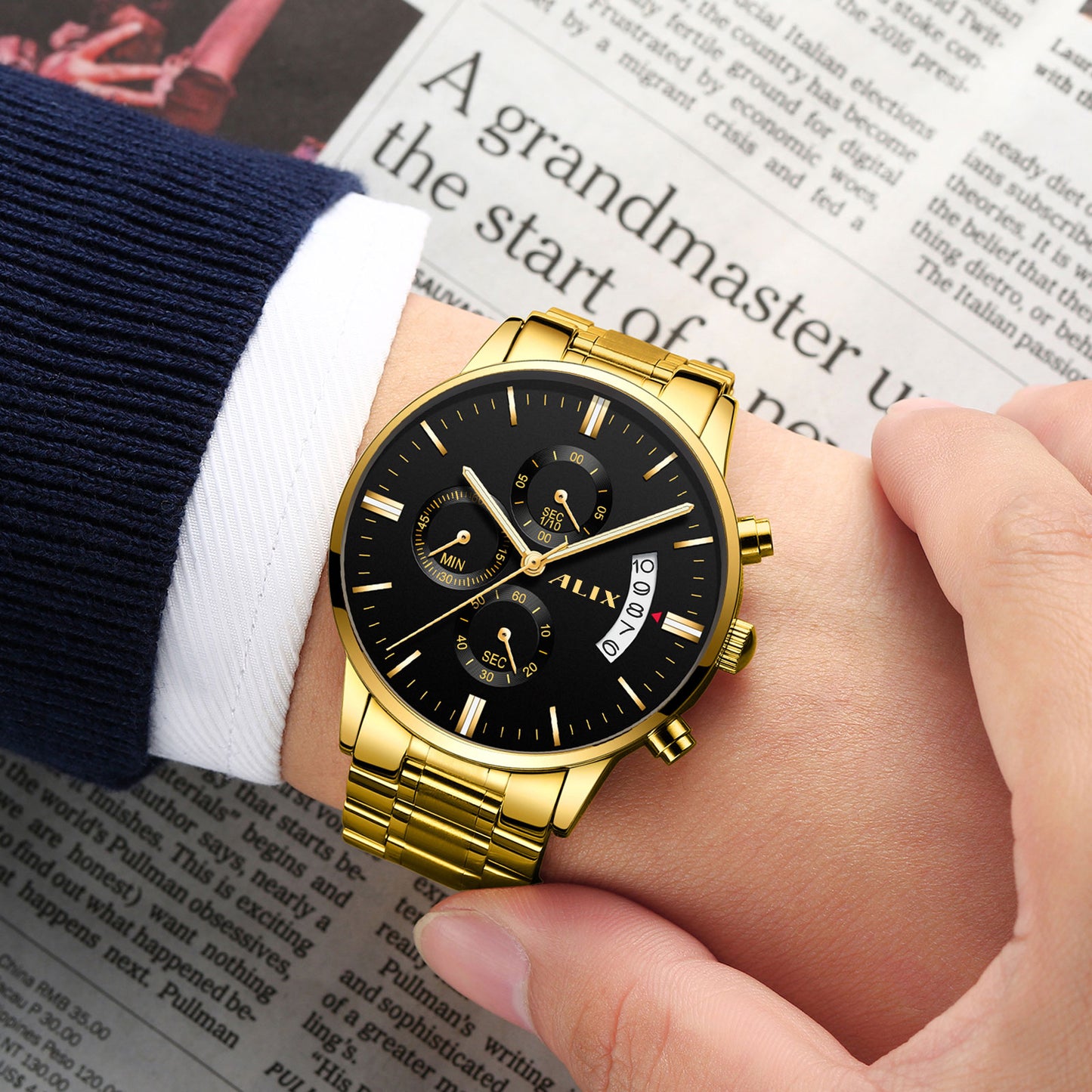 AL2309 Gold Steel Strap With chronograph Dial men's Analog Watch