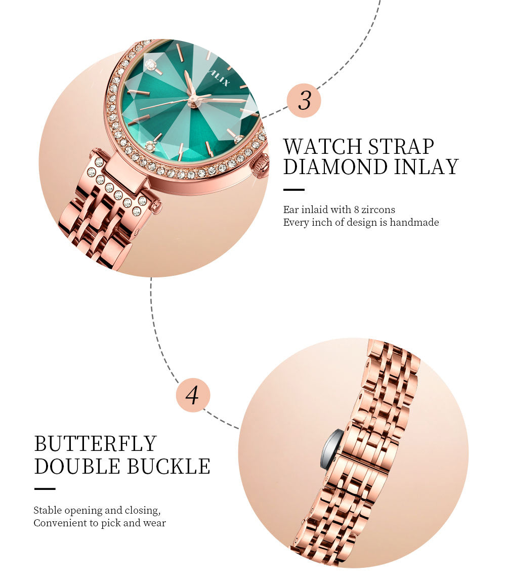 AL2532 Sparkling crystal green facet dial with rosegold strap Analog Watch