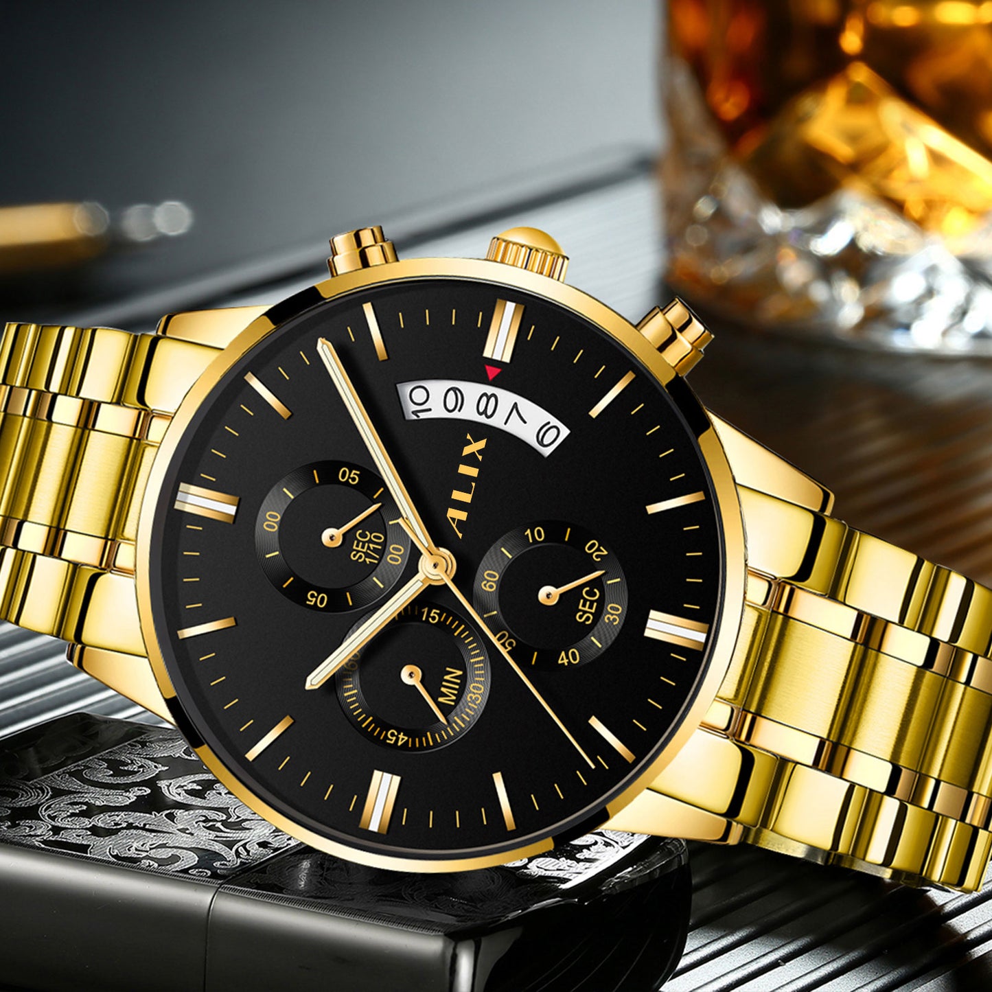 AL2309 Gold Steel Strap With chronograph Dial men's Analog Watch