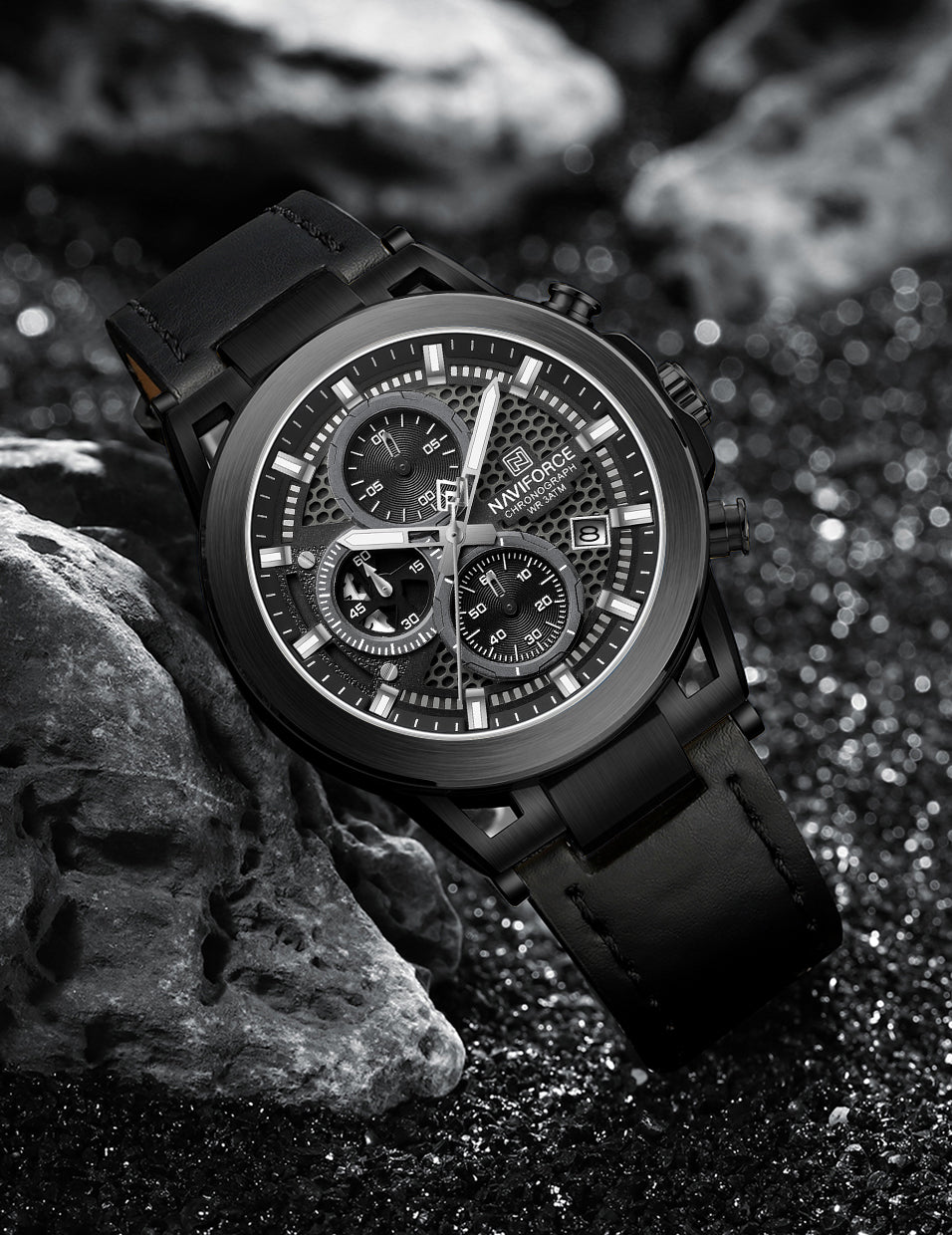 Naviforce NF8073 Unique Black Genuine Leather Analog Watch