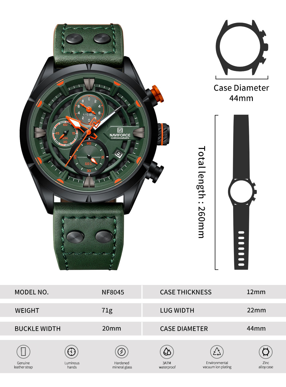 Naviforce NF8045 Green Leather Strap Analog Watch