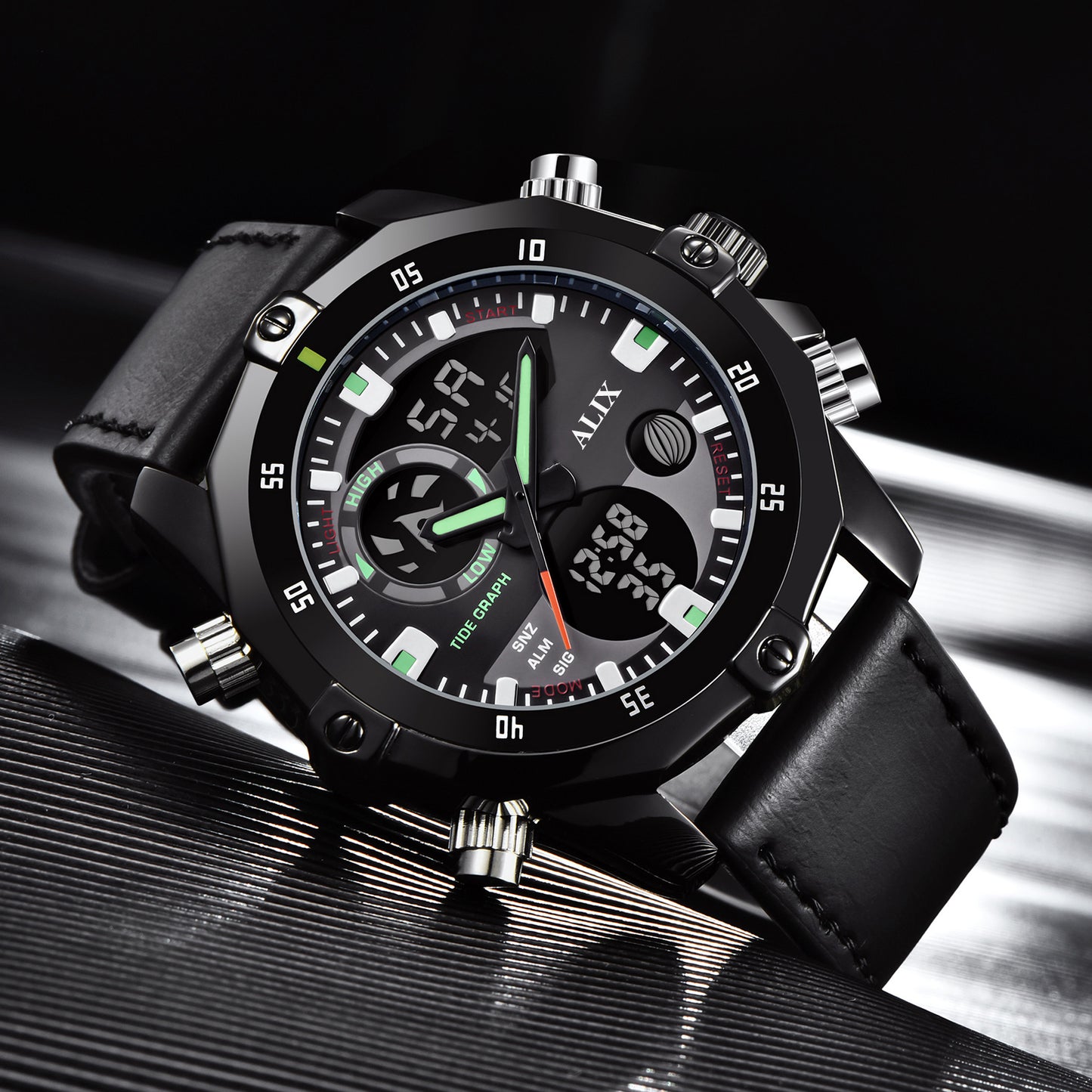 AL3032 Black leather sports Analog-Digital Watch