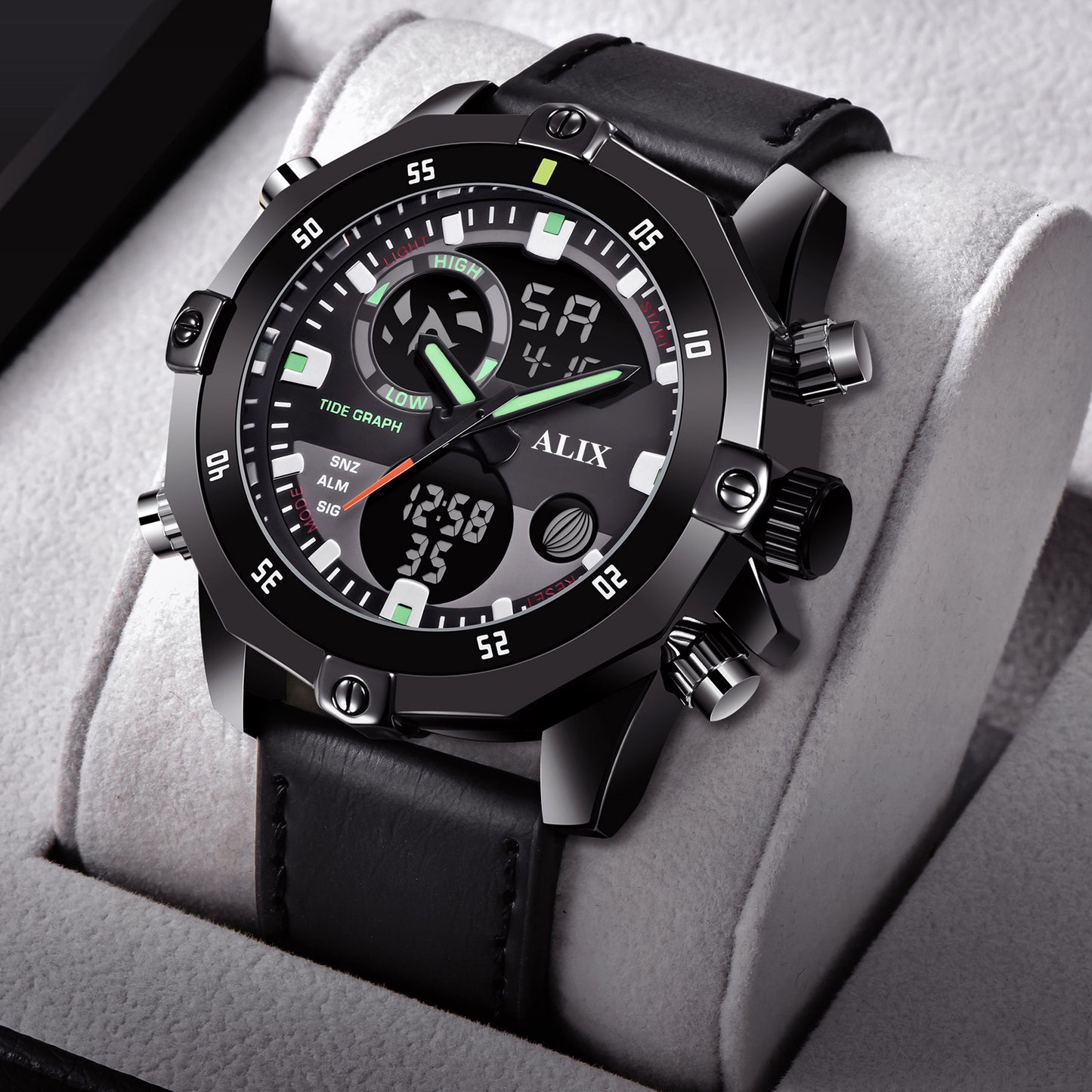AL3032 Black leather sports Analog-Digital Watch