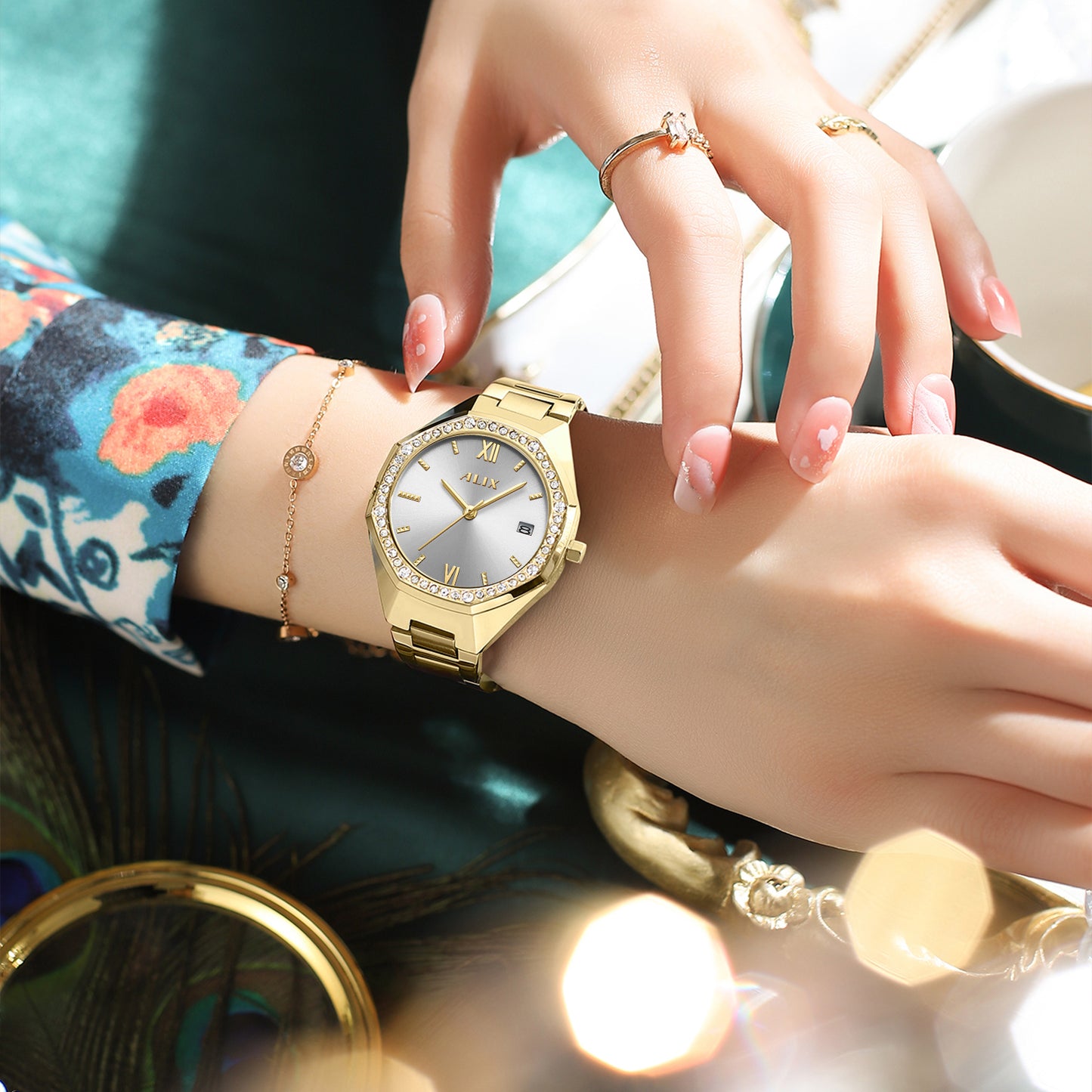 AL2531 Gold Octagonal case with diamond studded dial Analog Watch