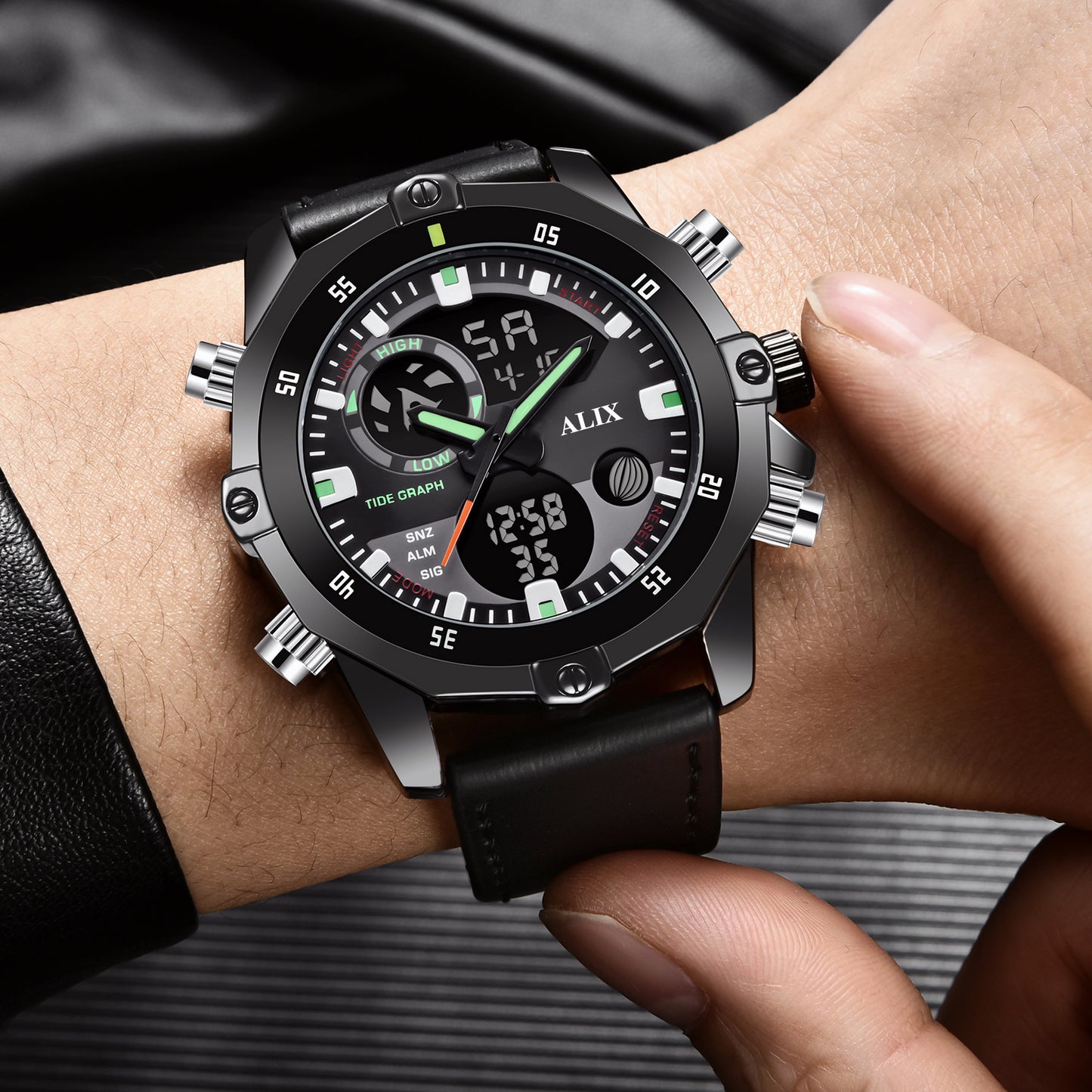 AL3032 Black leather sports Analog-Digital Watch