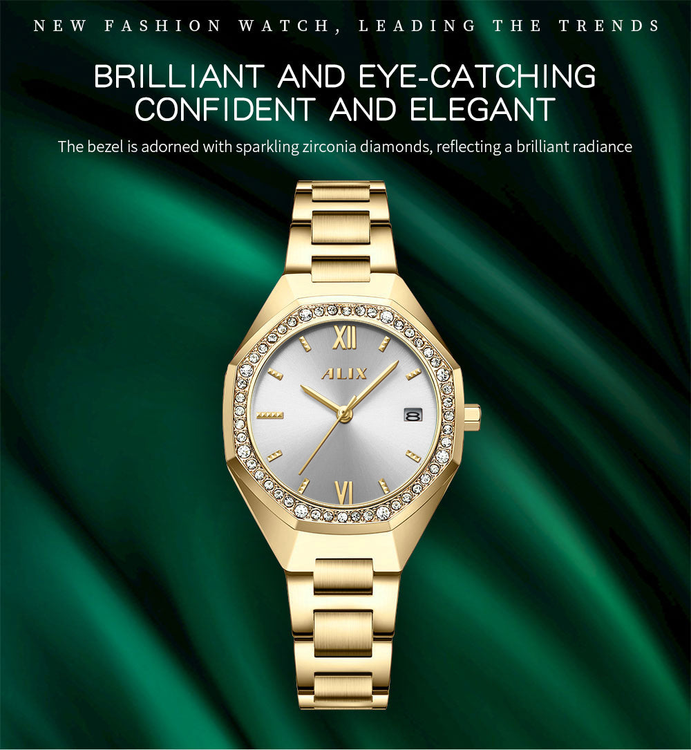 AL2531 Gold Octagonal case with diamond studded dial Analog Watch