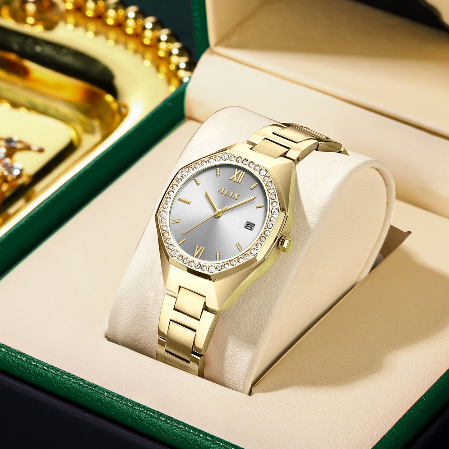 AL2531 Gold Octagonal case with diamond studded dial Analog Watch