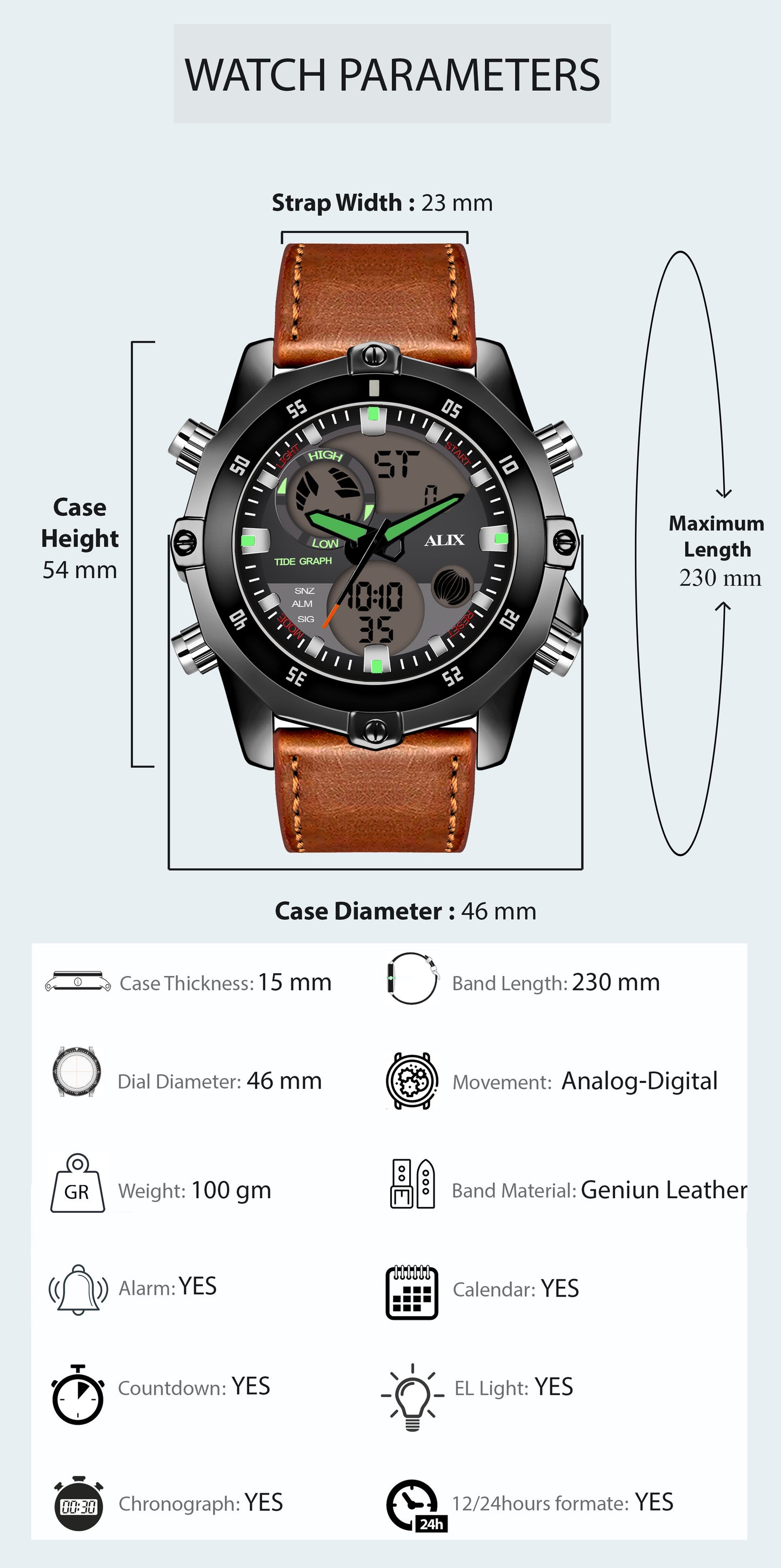 AL3032 Brown leather sports Analog-Digital Watch