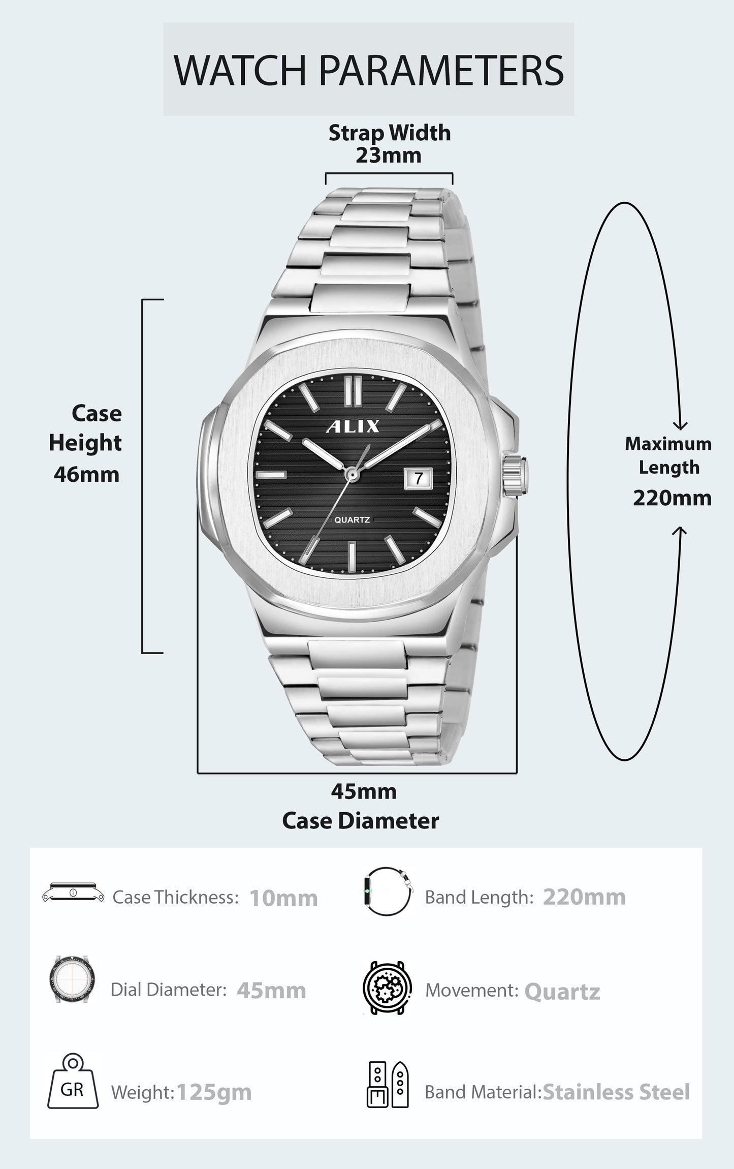 AL3052 Silver&Black dial stainless steel Analog Watch