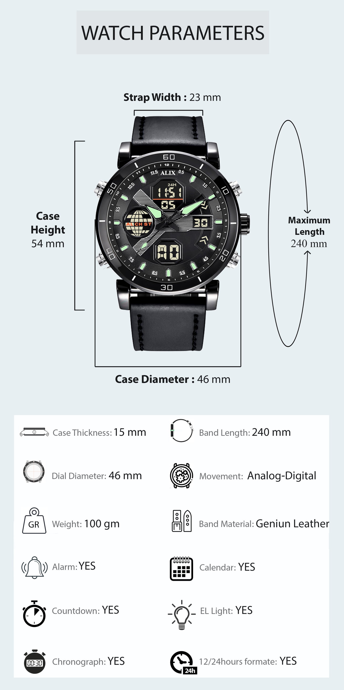 AL3042 Black leather sports Analog-Digital Watch