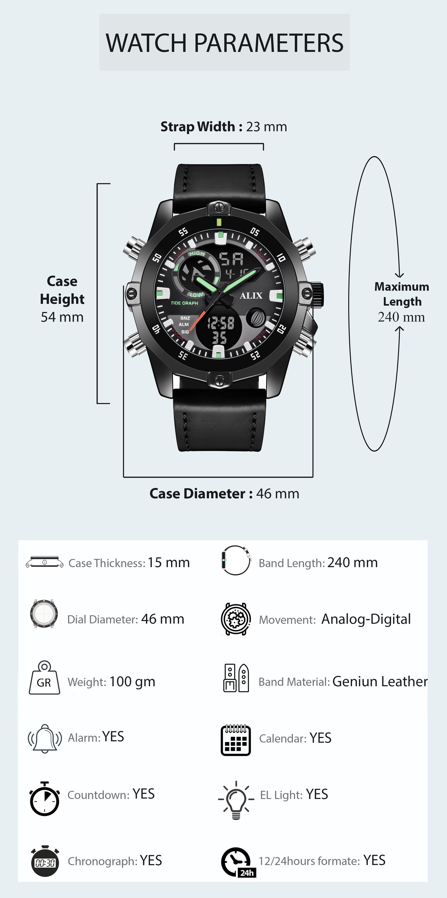AL3032 Black leather sports Analog-Digital Watch