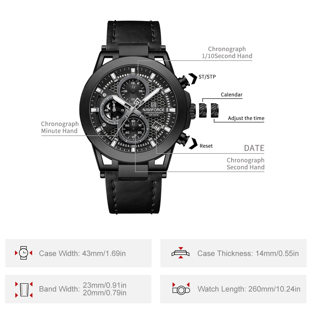 Naviforce NF8073 Unique Black Genuine Leather Analog Watch
