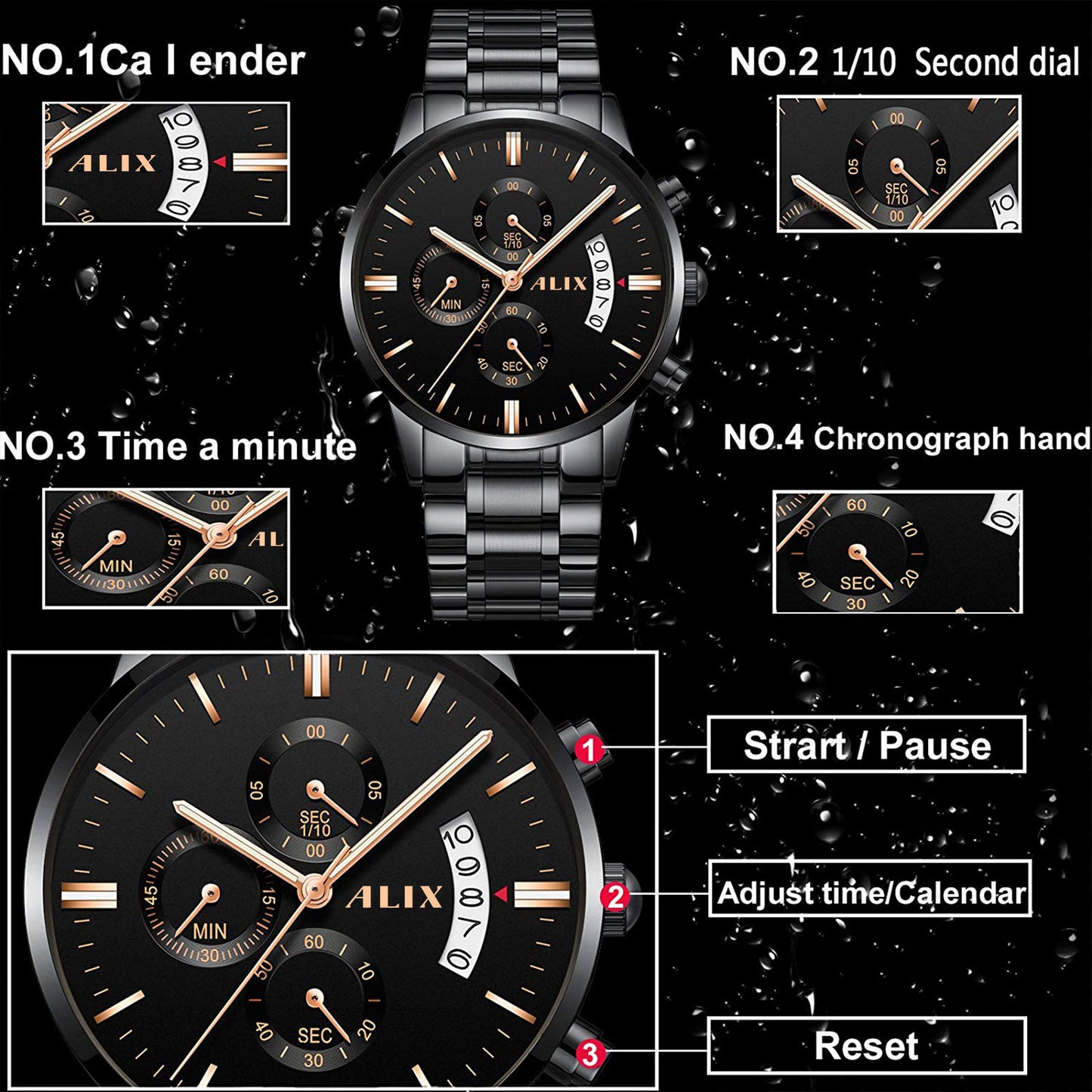 AL2309 Black Steel Strap With chronograph Dial men's Analog Watch
