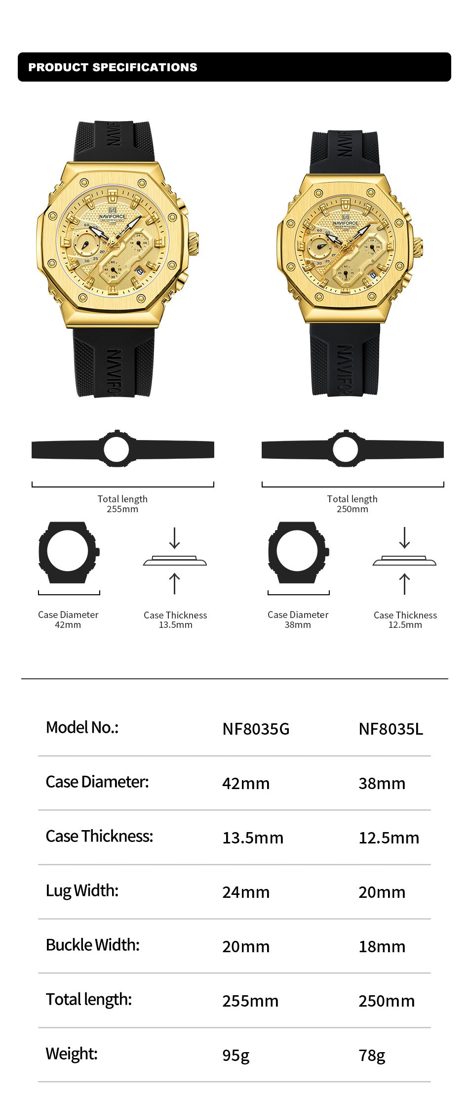 NF8035G Gold Black silicone strap analog chronograph watch for mens-NAVIFORCE