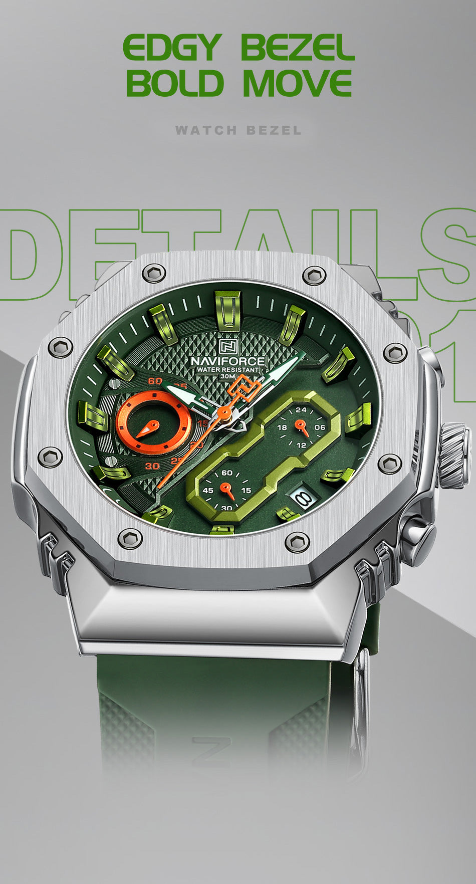 NF8035G Silver Green silicone strap analog chronograph watch for mens-NAVIFORCE