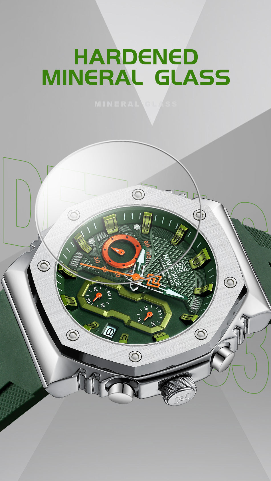 NF8035G Silver Green silicone strap analog chronograph watch for mens-NAVIFORCE