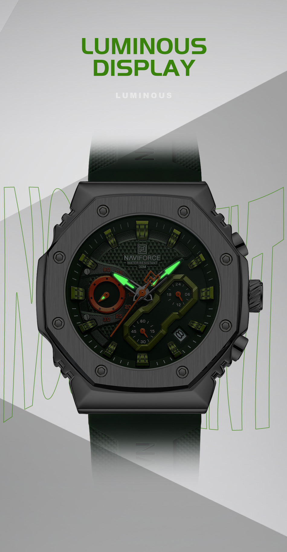 NF8035G Silver Green silicone strap analog chronograph watch for mens-NAVIFORCE