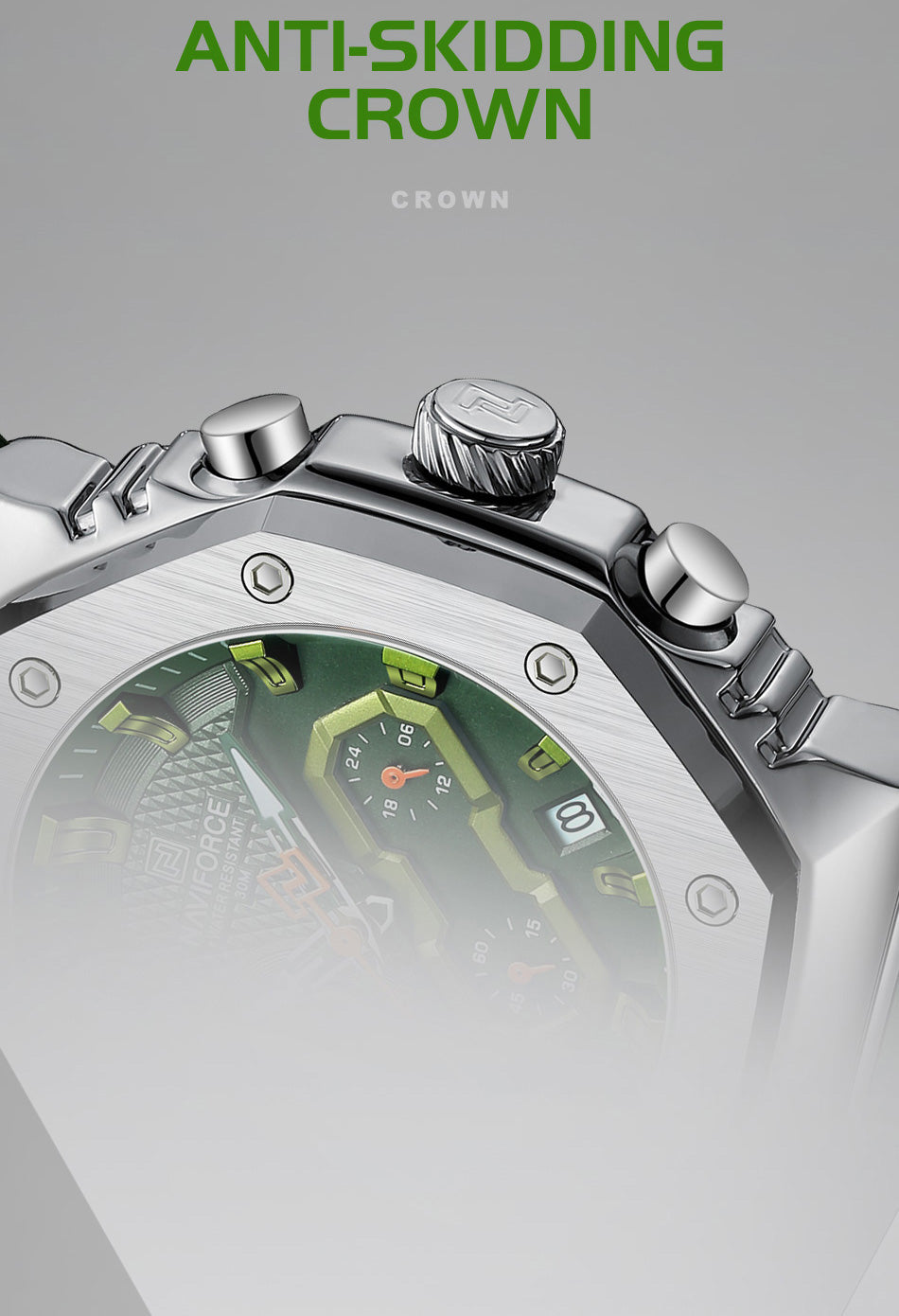 NF8035G Silver Green silicone strap analog chronograph watch for mens-NAVIFORCE