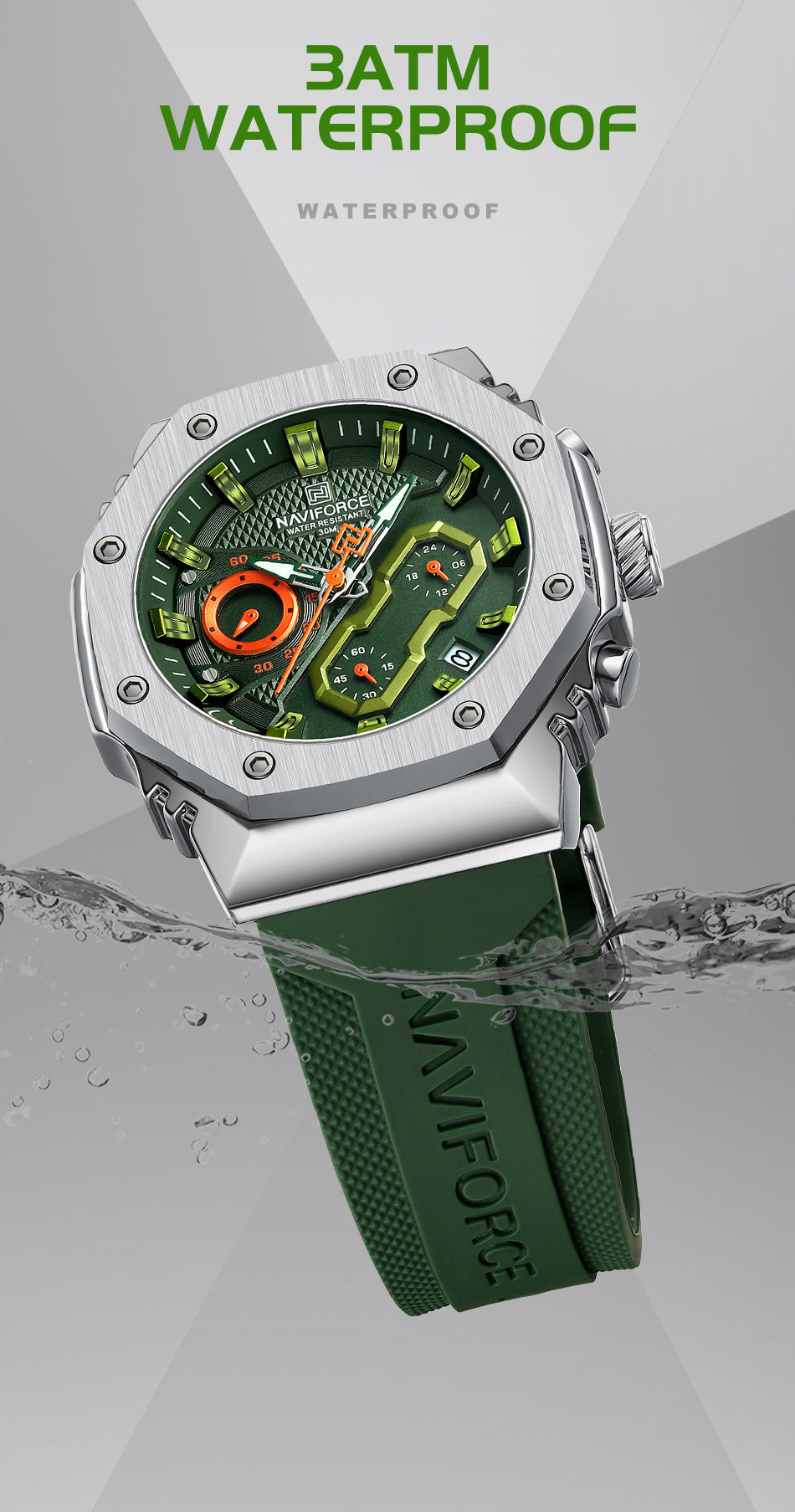 NF8035G Silver Green silicone strap analog chronograph watch for mens-NAVIFORCE