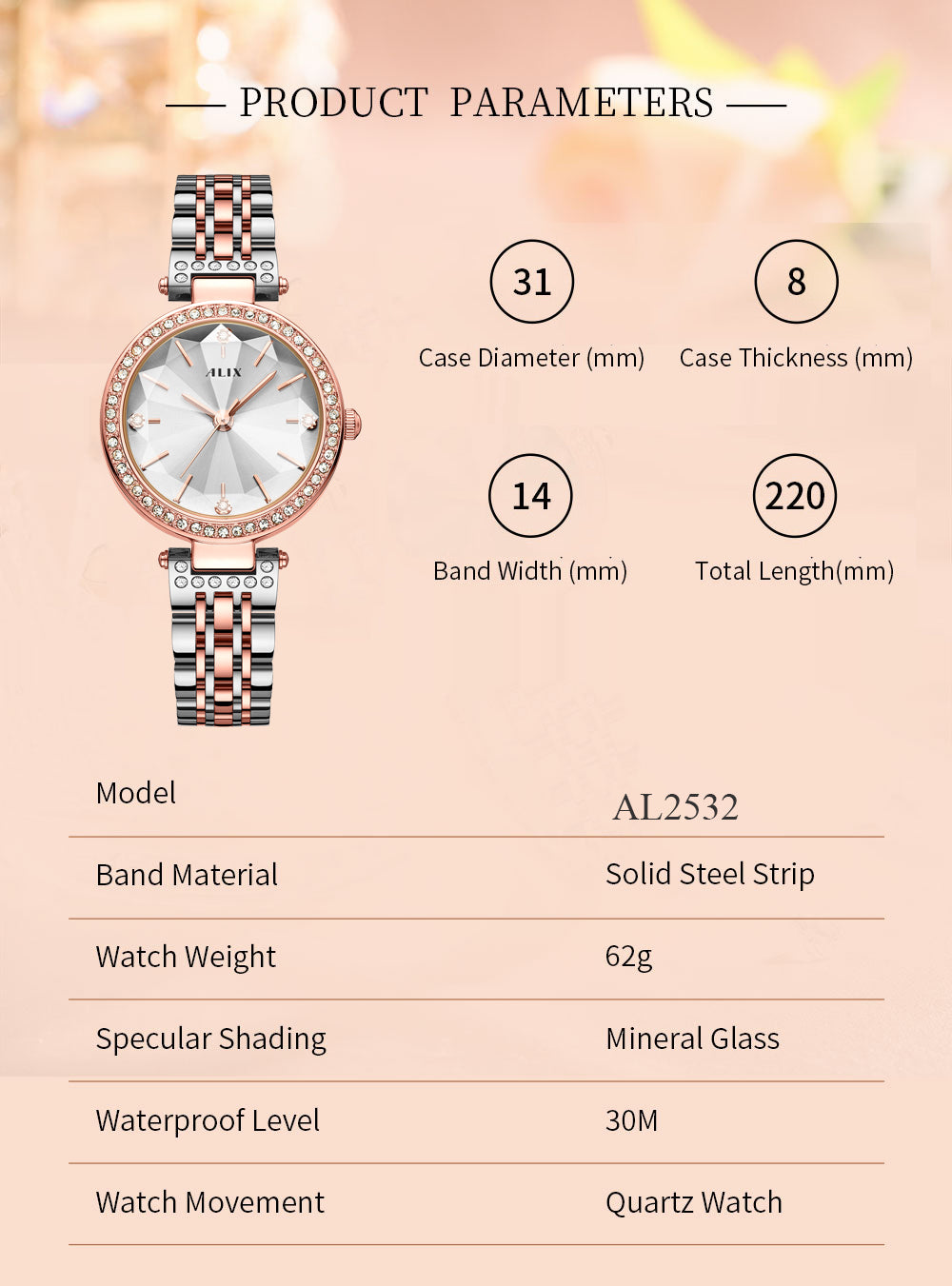 AL2532 Sparkling crystal white facet dial with rosegold strap Analog Watch