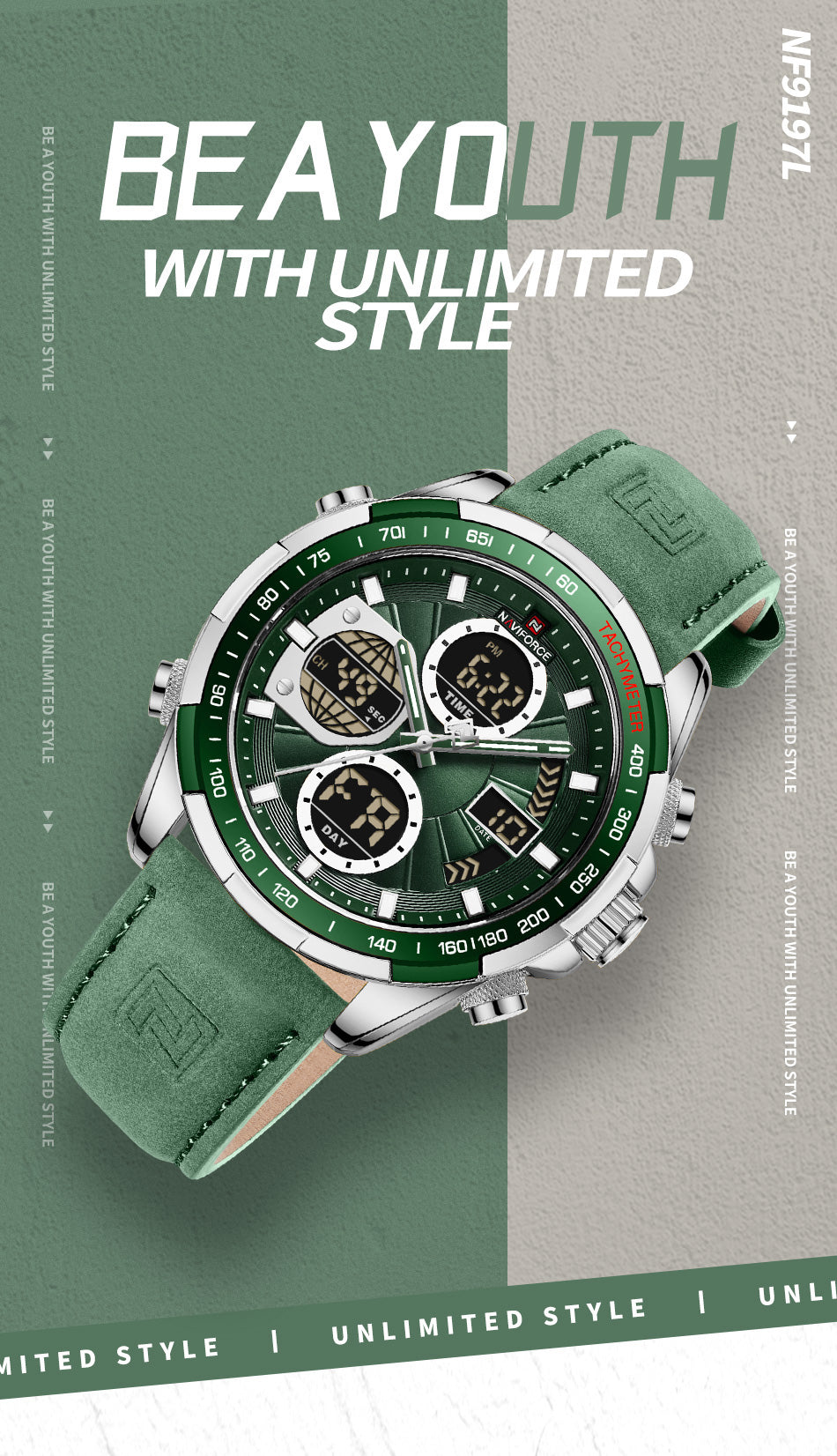 NF9197L Green leather ana-digital watch for men - NAVIFORCE