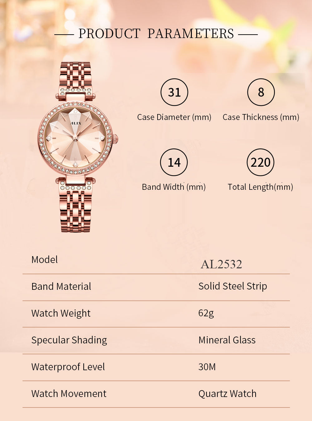 AL2532 Sparkling crystal rosegold facet dial with rosegold strap Analog Watch
