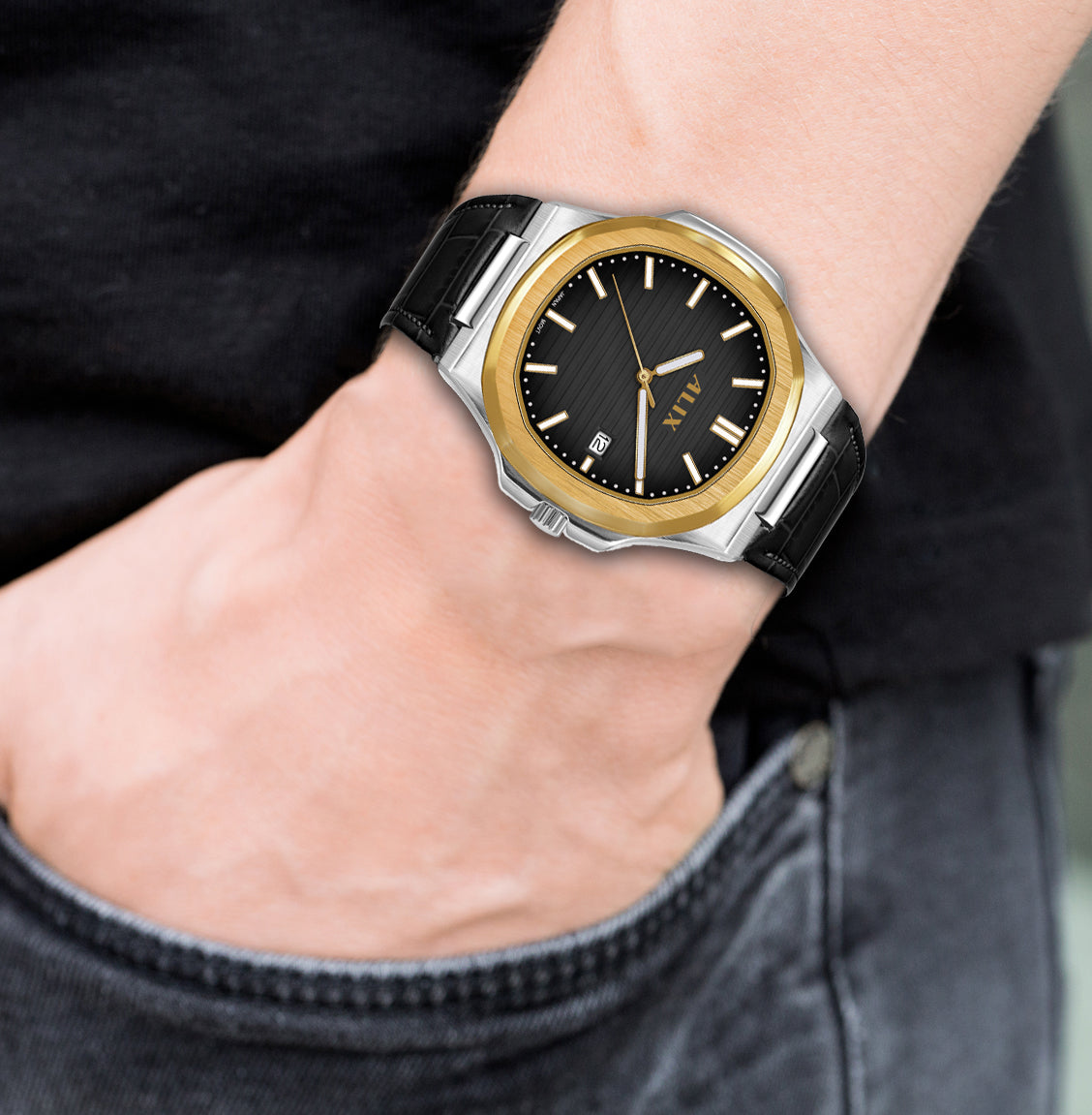 AL2906L Black Genuine leather strap Analog Watch