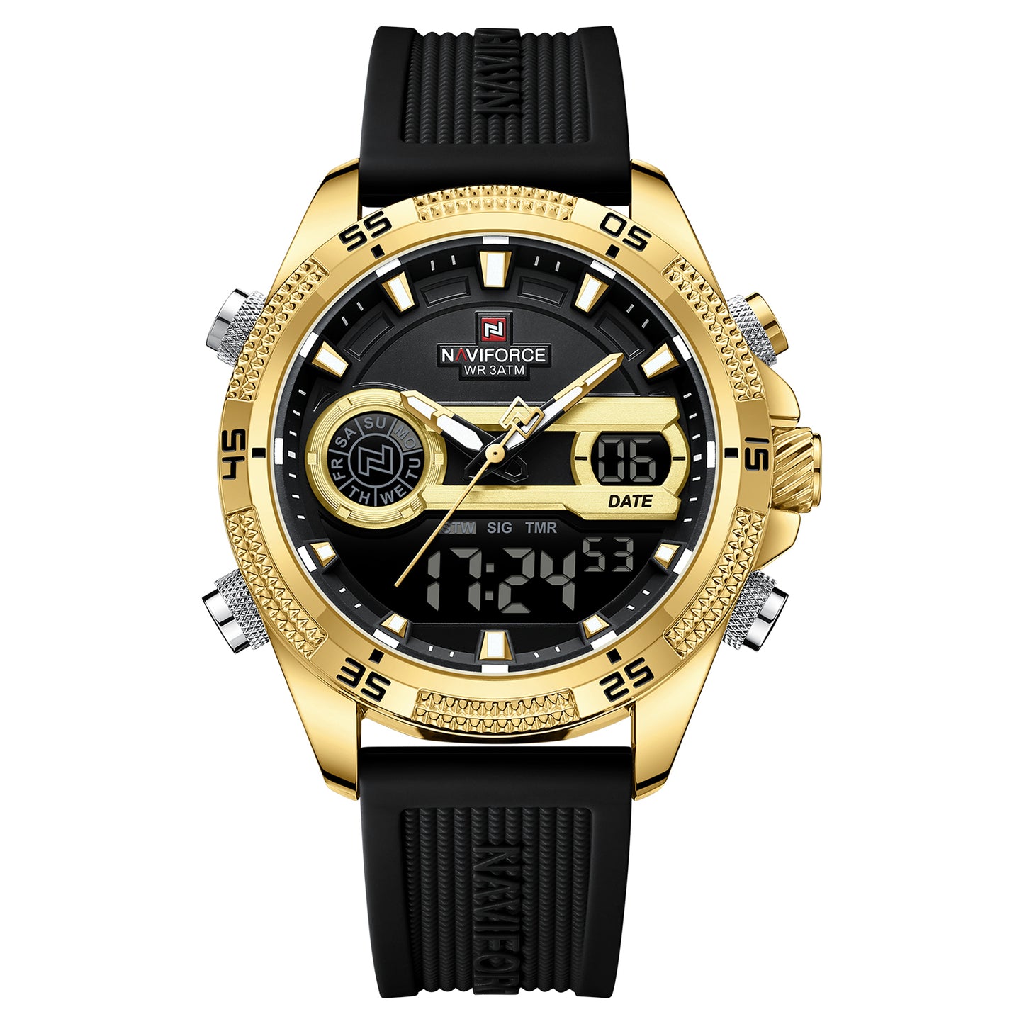 NF9223 Black-gold Silicone strap digi-analog mens watch - NAVIFORCE