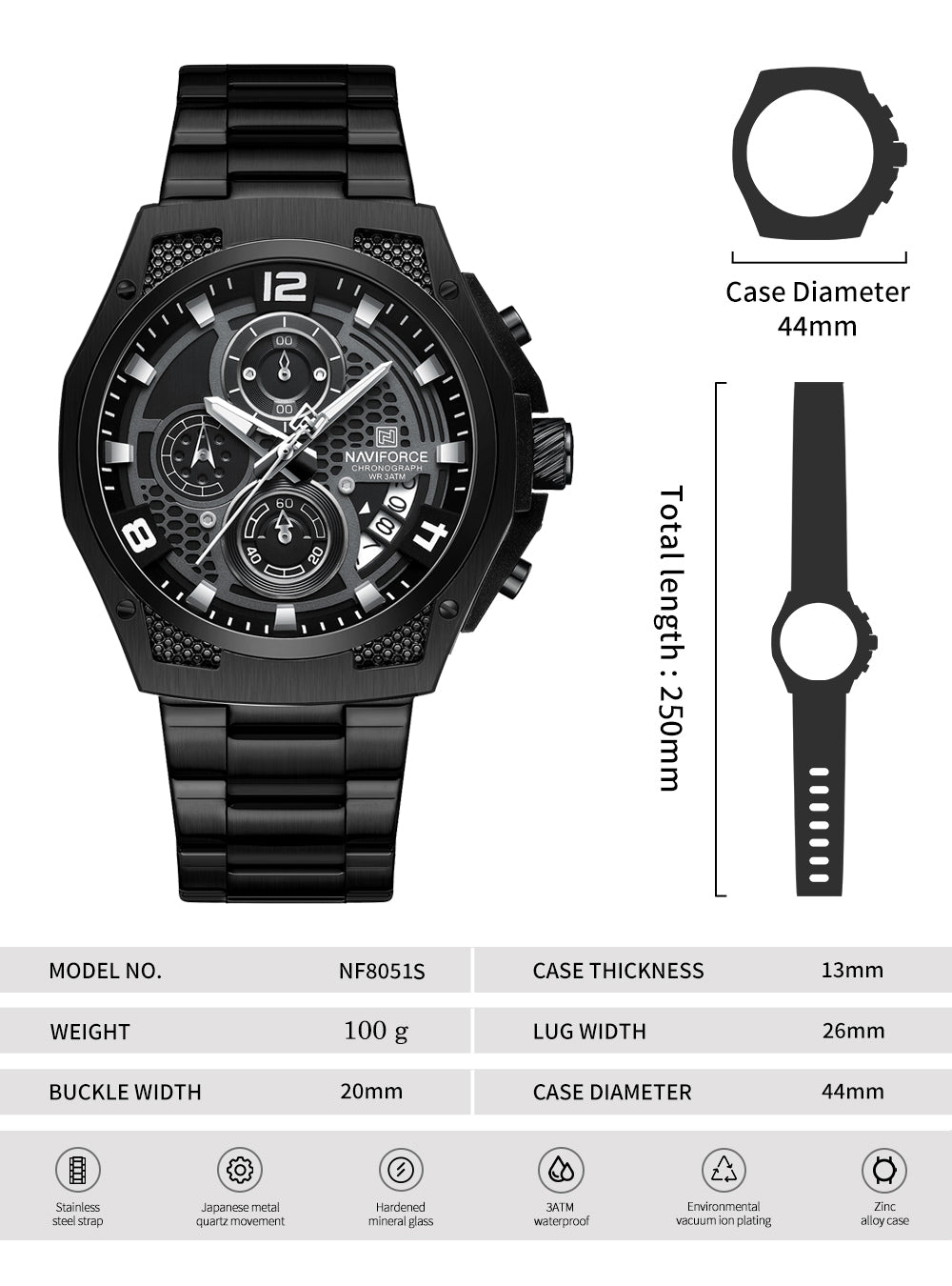 Naviforce NF8051S Elegant Black stainless Steel strap Analog Watch