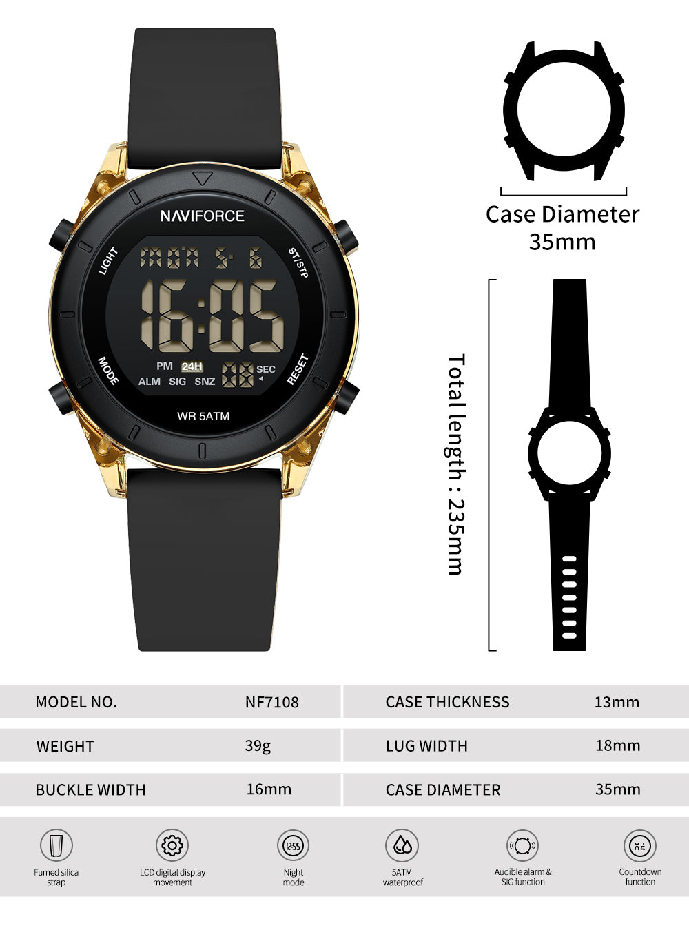NF7108 Black round dial LCD display sports Digital Watch