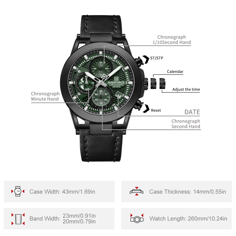 Naviforce NF8073 Unique Green Dial With Genuine Leather Analog Watch