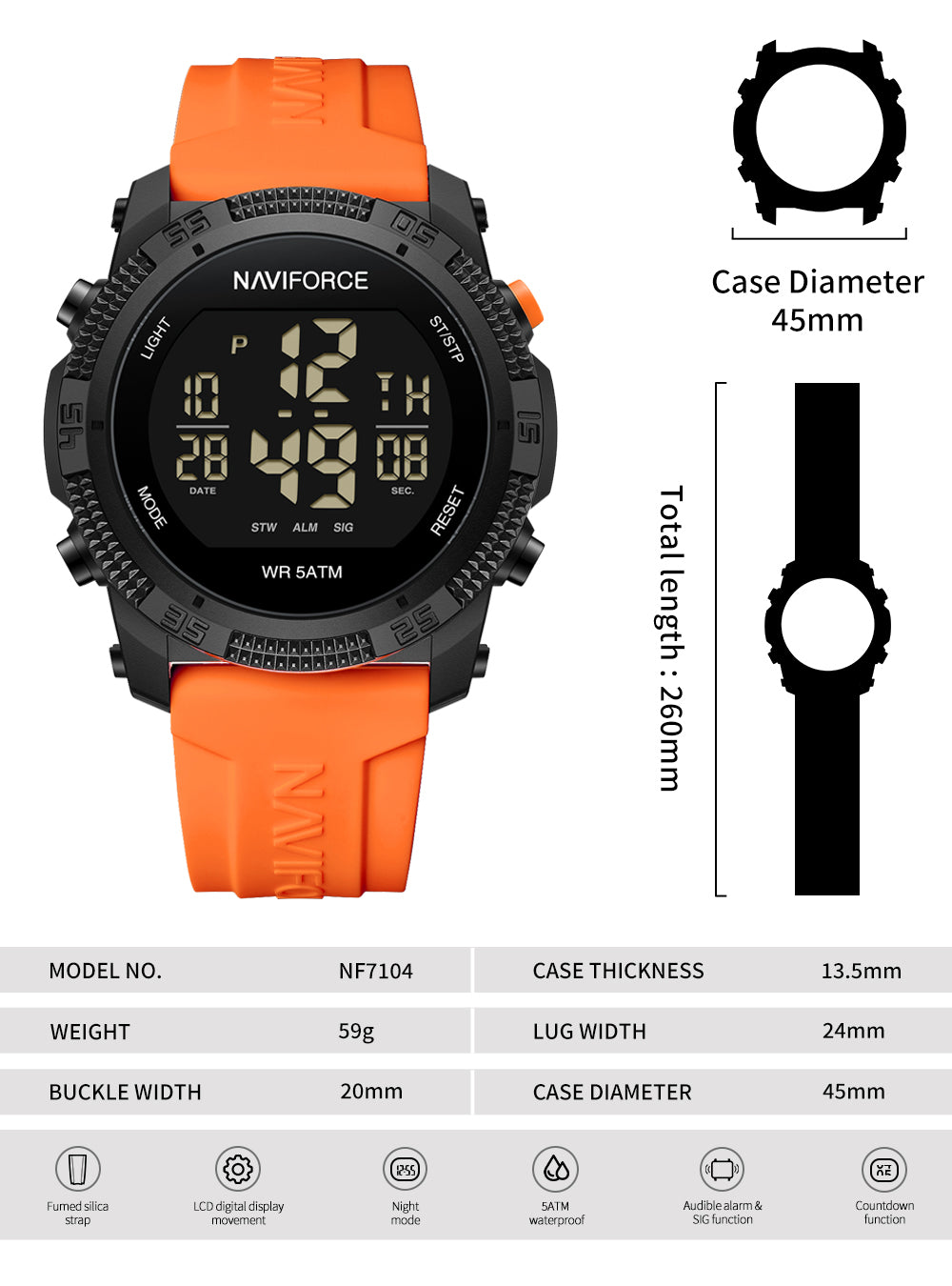 NF7104 Orange Silicon Strap Digital Watch