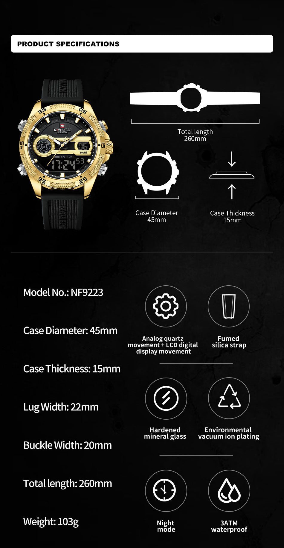 NF9223 Black-gold Silicone strap digi-analog mens watch - NAVIFORCE