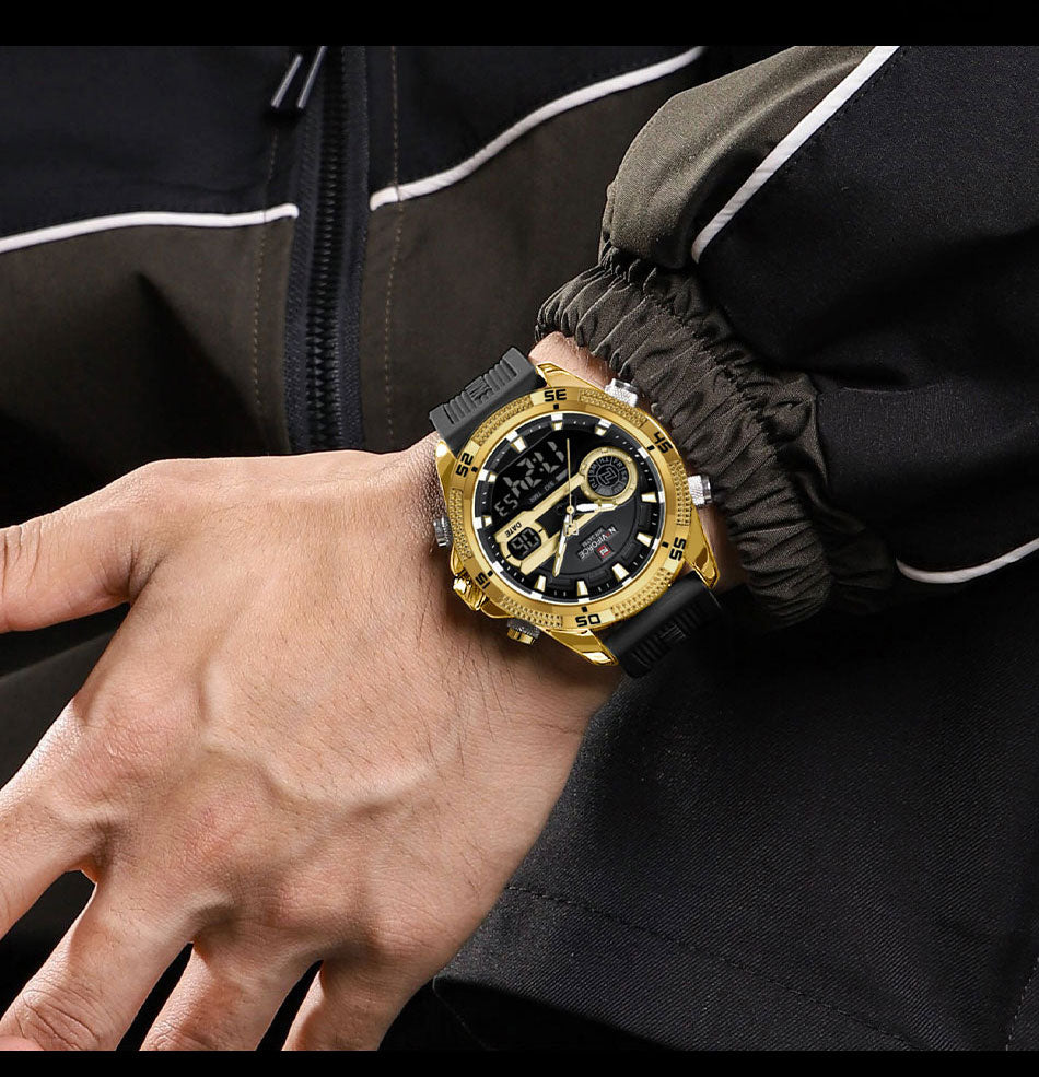 NF9223 Black-gold Silicone strap digi-analog mens watch - NAVIFORCE