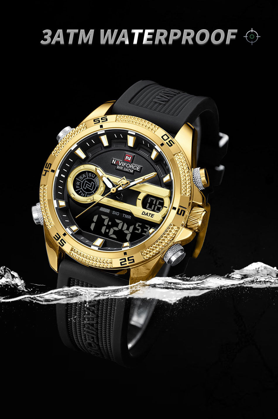 NF9223 Black-gold Silicone strap digi-analog mens watch - NAVIFORCE