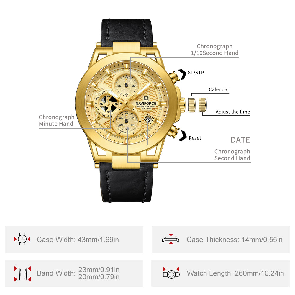 Naviforce NF8073 Unique Gold Dial With Black Leather Analog Watch