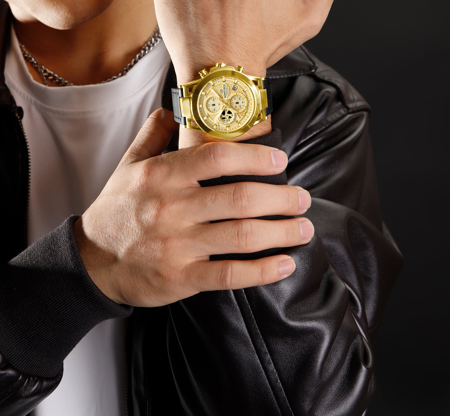 Naviforce NF8073 Unique Gold Dial With Black Leather Analog Watch