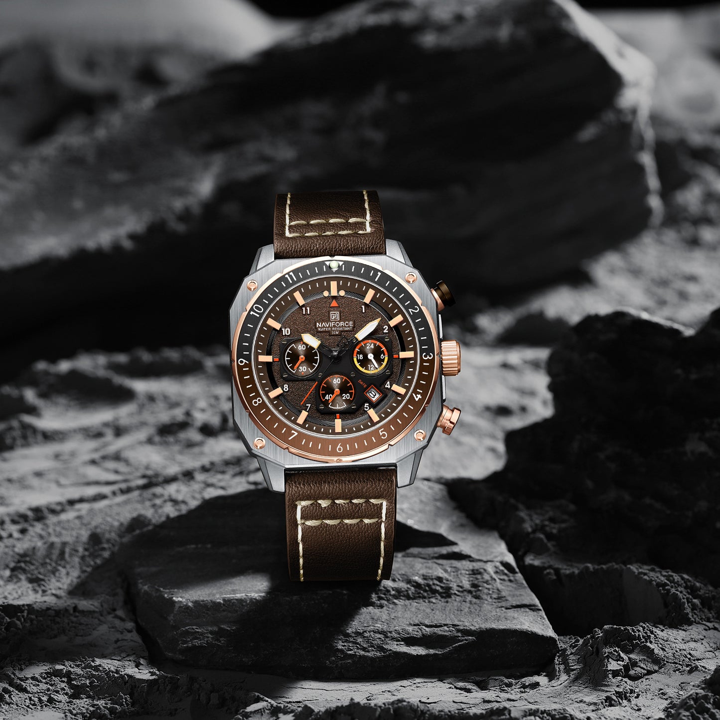Naviforce NF8057 Brown Leather Strap Analog Watch