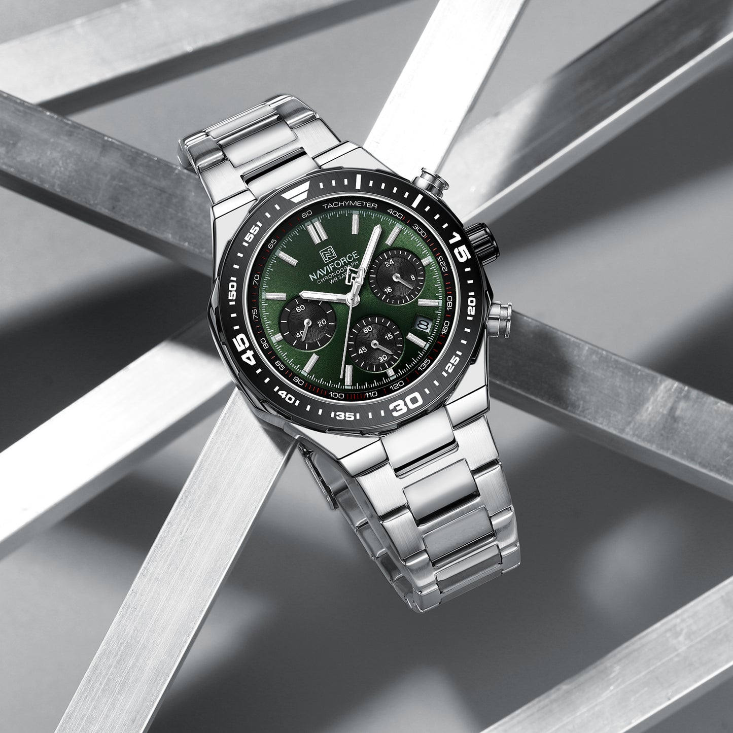 Naviforce NF8049: Silver Green Multifunction Chrono for Men