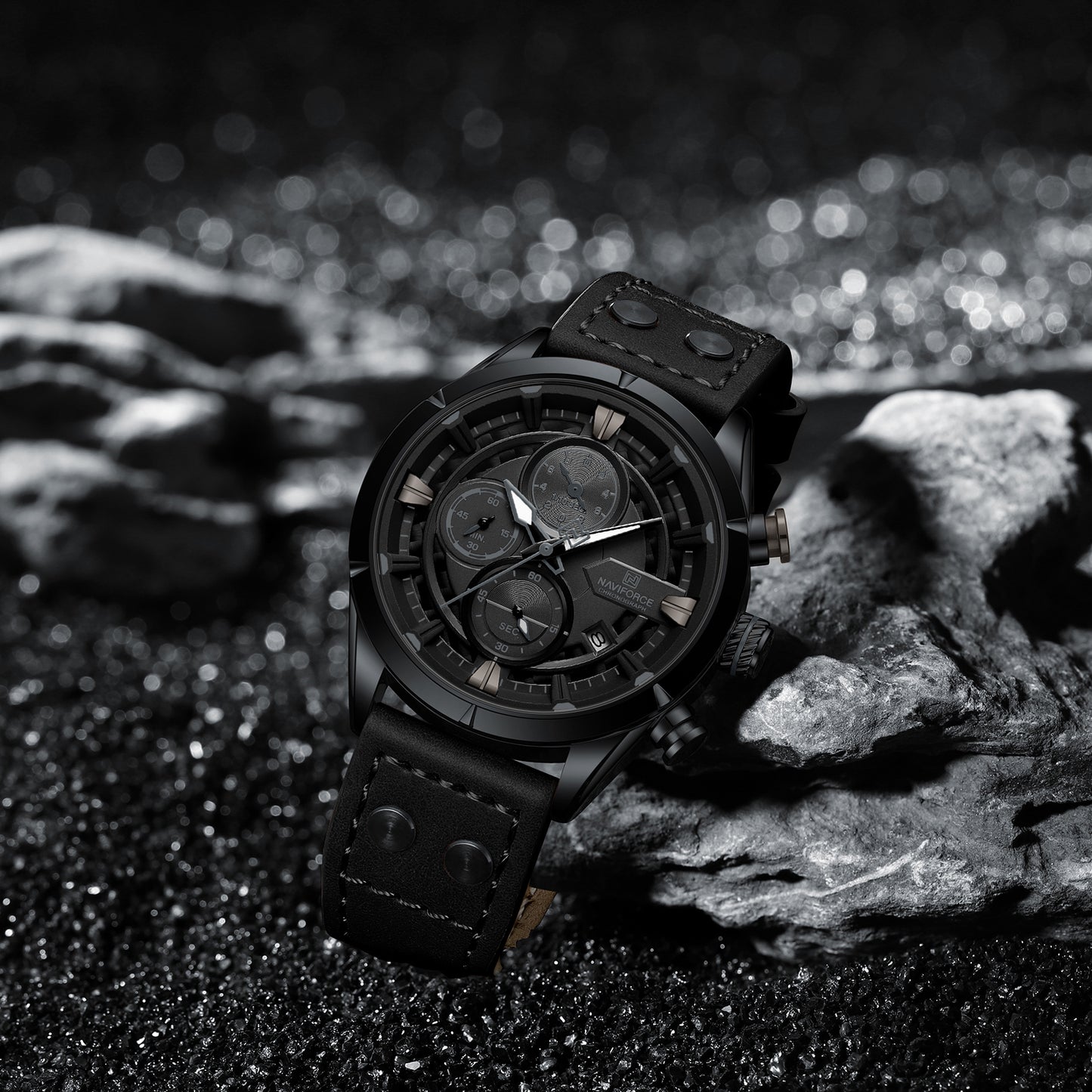 Naviforce NF8045 Black Leather Strap Analog Watch