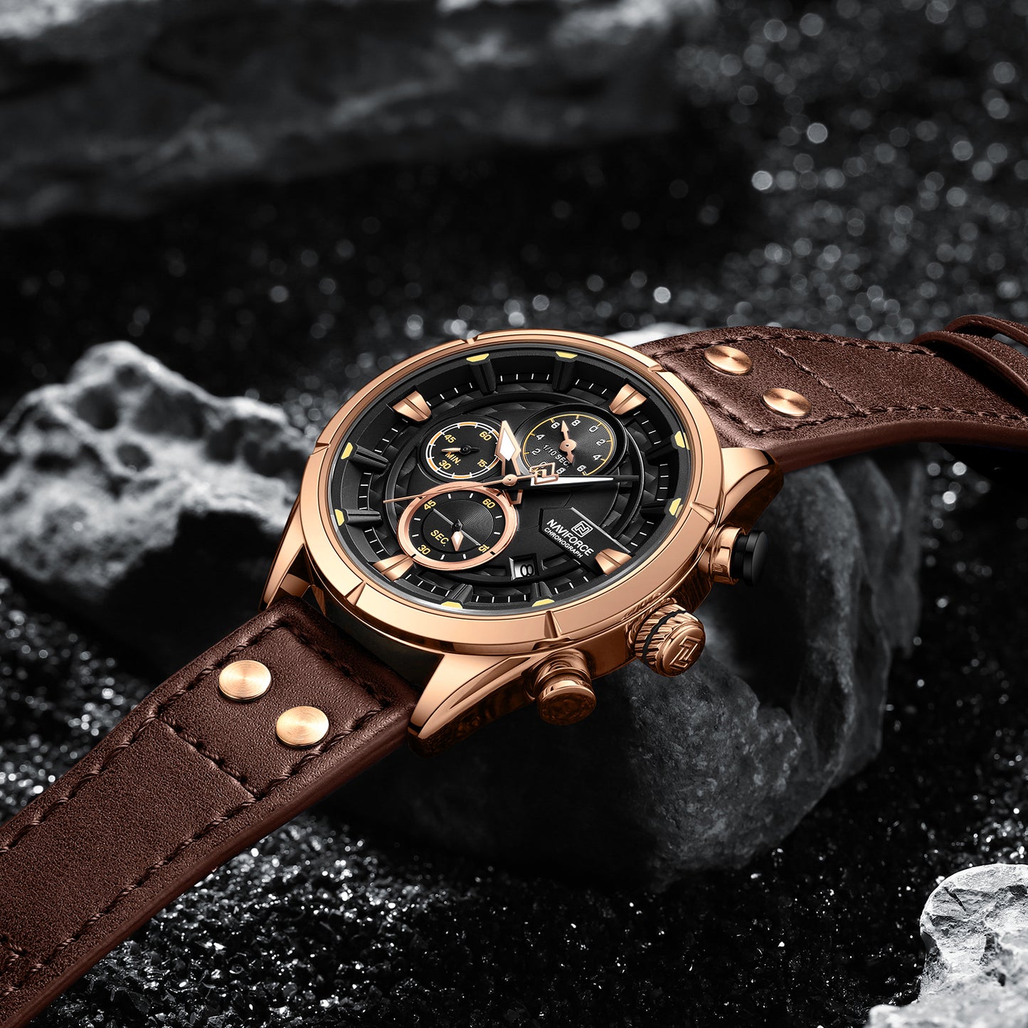 Naviforce NF8045 Brown Leather Strap Analog Watch